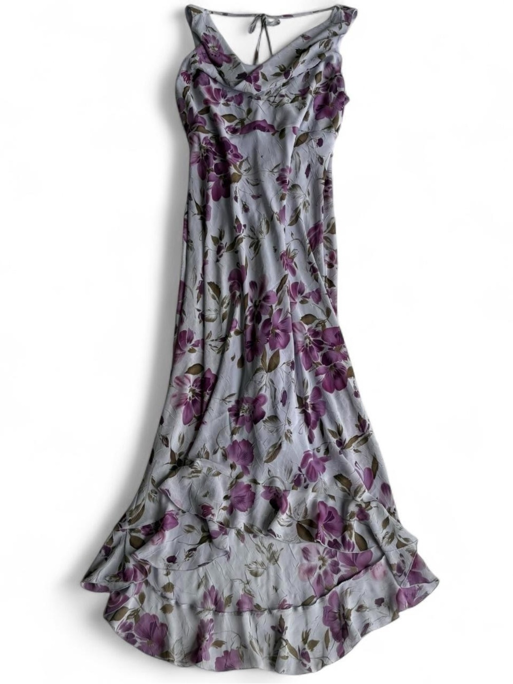 Vintage Jessica Lavender Purple Floral Chiffon Cowl Neck Maxi Dress Size 18